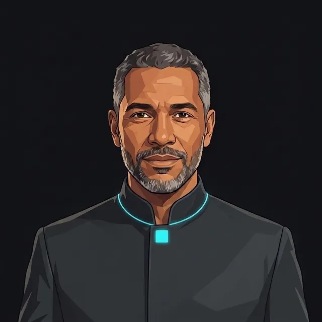 The same professional in Havenware uniform, a high collar with cyan piping and the seal at the collar: composed corporate headshot, stylized portrait.