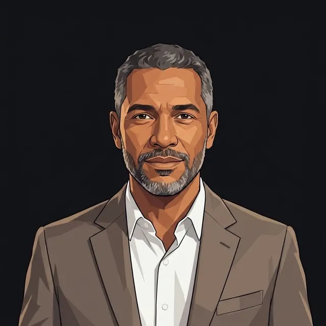 A middle-aged Latino professional as an agent, salt-and-pepper beard, in a warm taupe business suit: composed, approachable corporate headshot, stylized portrait.