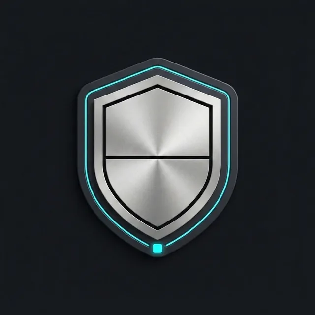 The same shield set in a fitted dark bezel, cyan piping along its inner edge and the seal at its bottom point: refined institutional mark.