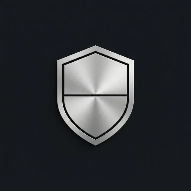 A brushed-silver aegis shield as a non-character agent mark, a monogram-free geometric shield emblem: refined institutional mark.