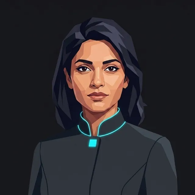 The same professional in Havenware uniform, a high collar with cyan piping and the seal at the collar: composed corporate headshot, stylized portrait.