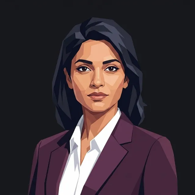 A South Asian professional woman as an agent, in a tailored plum business blazer: composed corporate headshot, stylized portrait.