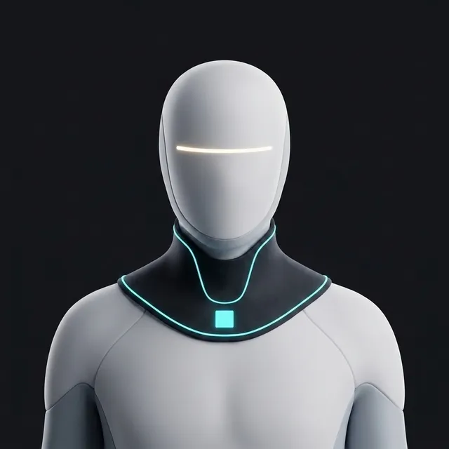 The same android in Havenware uniform, a high collar with cyan piping and the seal at the collar: clean 3D product render.