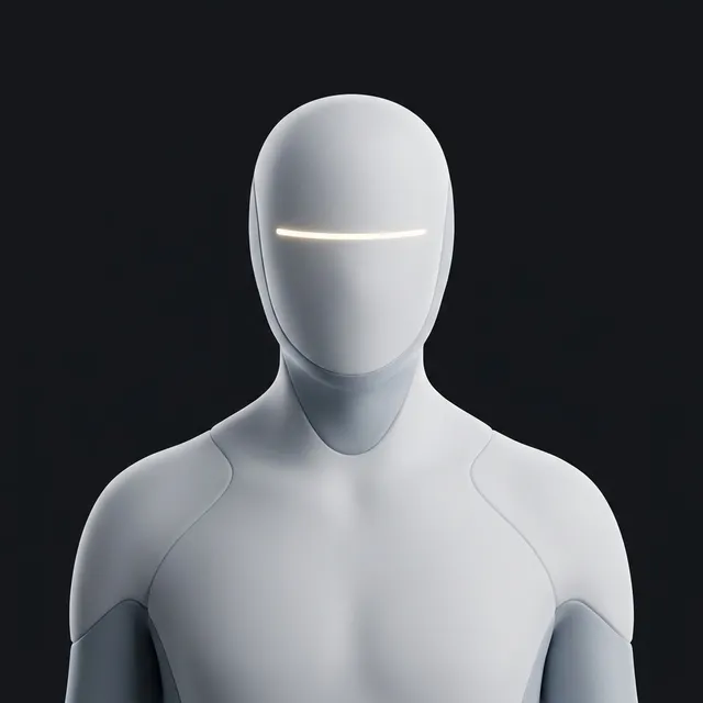 A premium matte-white ceramic android bust with a soft warm eye-band, distinct from the brushed-metal robot: clean 3D product render.