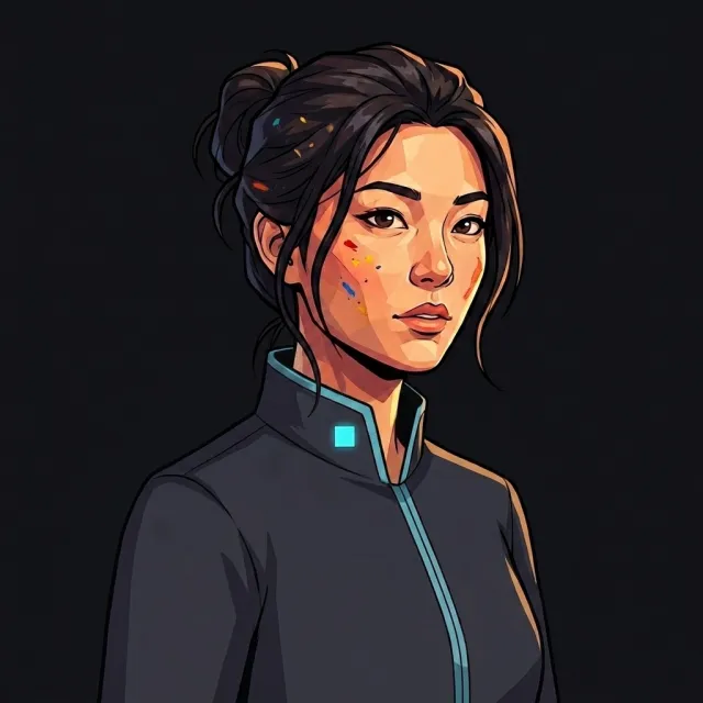 The same artist in Havenware uniform, the seal at the collar: stylized synthetic portrait.