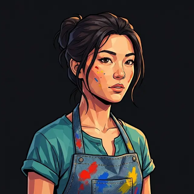 An artist as an agent, in paint-marked studio clothes: stylized synthetic portrait.