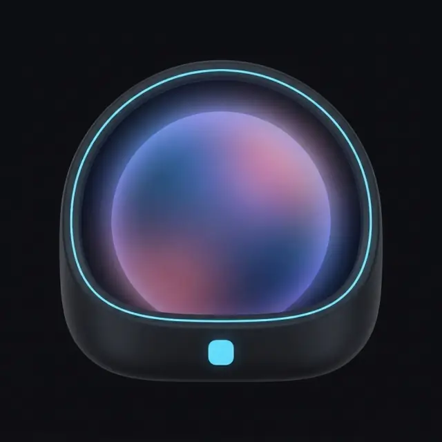 The same glowing orb held in a fitted dark mounting cradle, cyan piping along its inner edge and the seal at the bottom center: minimal luminous emblem.