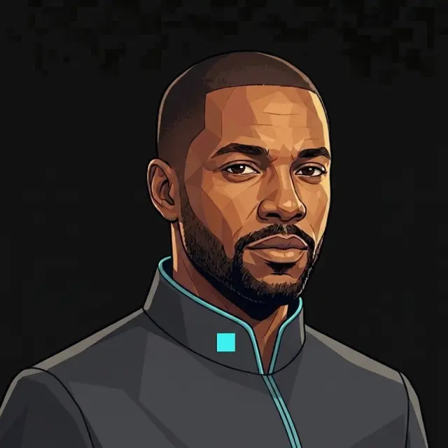 The same professional in Havenware uniform, the seal at the collar: conservative corporate headshot, stylized portrait.