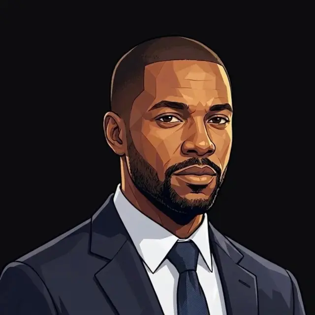 A bank or insurance professional as an agent, buttoned-up in a dark navy suit and subdued tie: muted, conservative corporate headshot, stylized portrait.