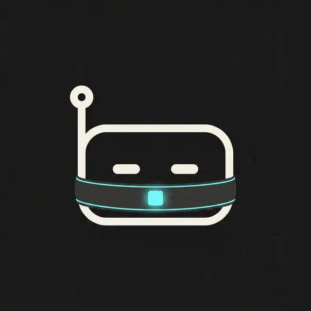 The same bot icon with a fitted dark sealed band across it, cyan piping and the seal centered on the band: iconographic mark.