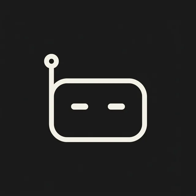 A minimalist monochrome bot icon, a clean line-drawn robot head: iconographic mark.