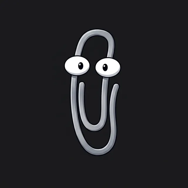 A paperclip assistant as an agent, two simple eyes on its upper loop: stylized synthetic portrait.