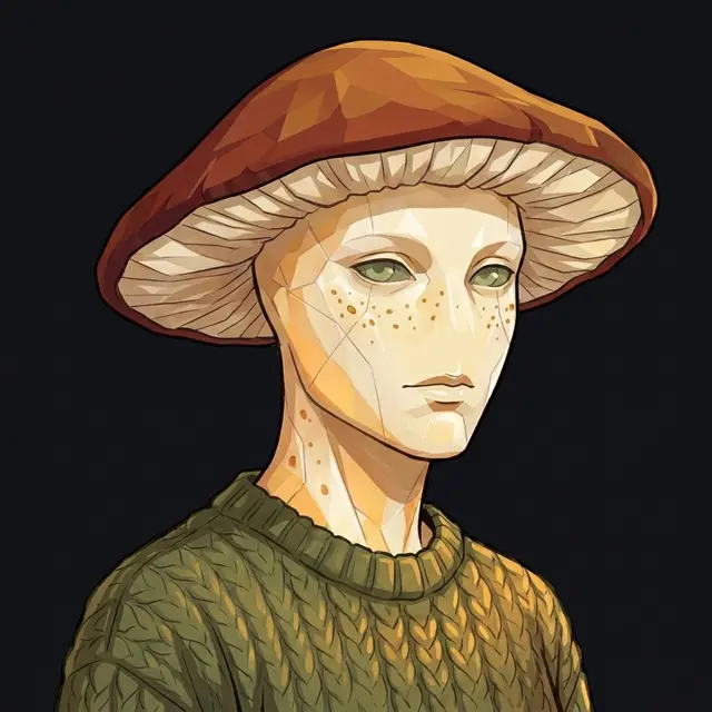 A fungus-being agent, in civilian clothes: stylized synthetic portrait.