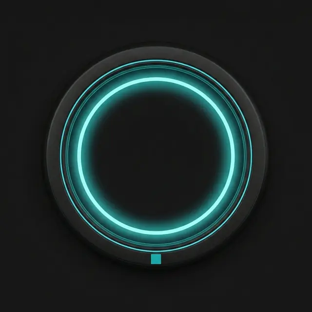 The same glowing ring held in a fitted dark round cradle, cyan piping along its inner edge and the seal at the bottom center: minimal luminous emblem.