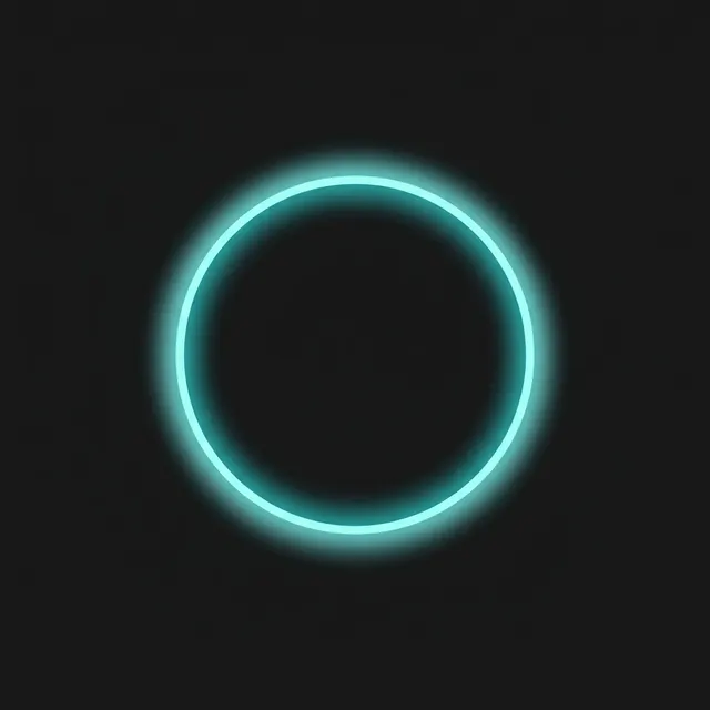 A single luminous cyan-teal ring of light as a non-character agent mark, glowing like a voice-assistant light ring on the dark ground: minimal luminous emblem.