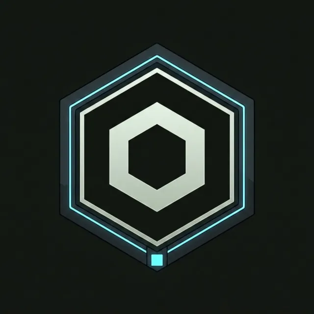The same hexagonal mark set in a fitted dark hexagonal bezel, cyan piping along its inner edge and the seal at its bottom vertex: minimal geometric emblem.