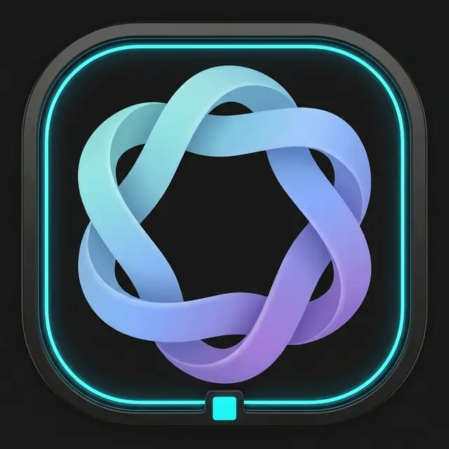 The same ribbon knot set in a fitted dark bezel, cyan piping along its inner edge and the seal at its bottom center: geometric ribbon emblem.