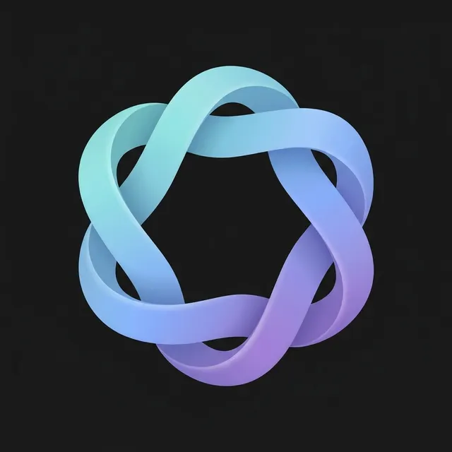A smooth ribbon twisted into a closed hexagonal loop as a non-character agent mark, a restrained cyan-to-violet gradient: geometric ribbon emblem.