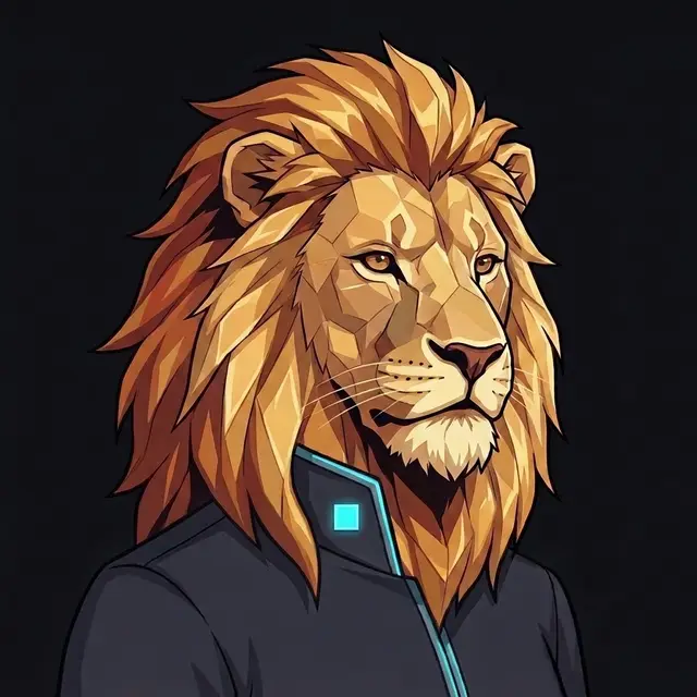 The same lion in Havenware uniform, its mane over the collar, the seal at the collar: stylized synthetic portrait.