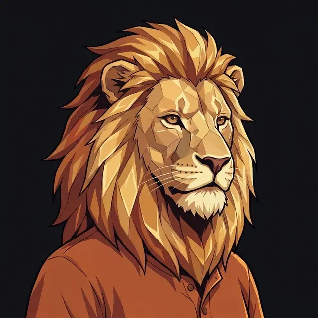 A lion agent, in civilian clothes: stylized synthetic portrait.