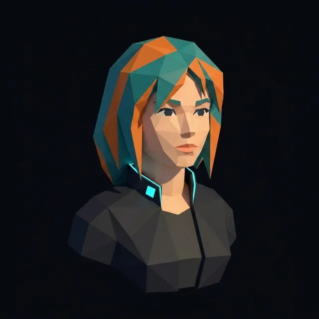The same character in Havenware uniform, the seal at the collar: low-poly 3D render portrait.