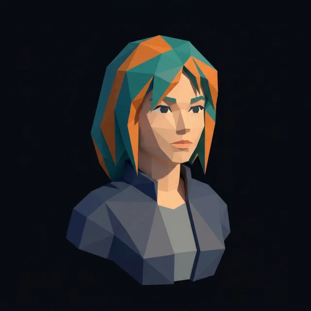 A woman with teal and orange hair as an agent: low-poly 3D render portrait.