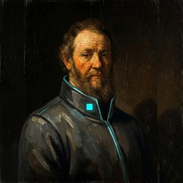 The same man in Havenware uniform, the seal at the collar: oil-painting style portrait.