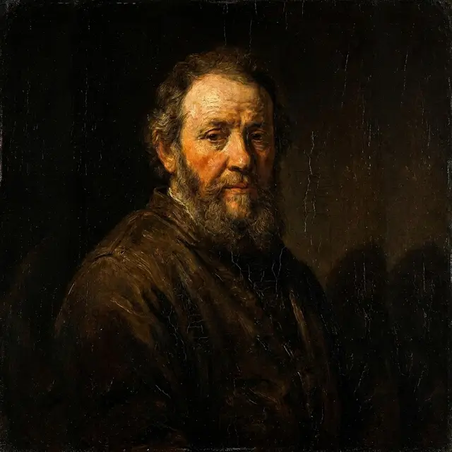 A bearded man as an agent, in a dark robe: classical oil-painting style portrait.
