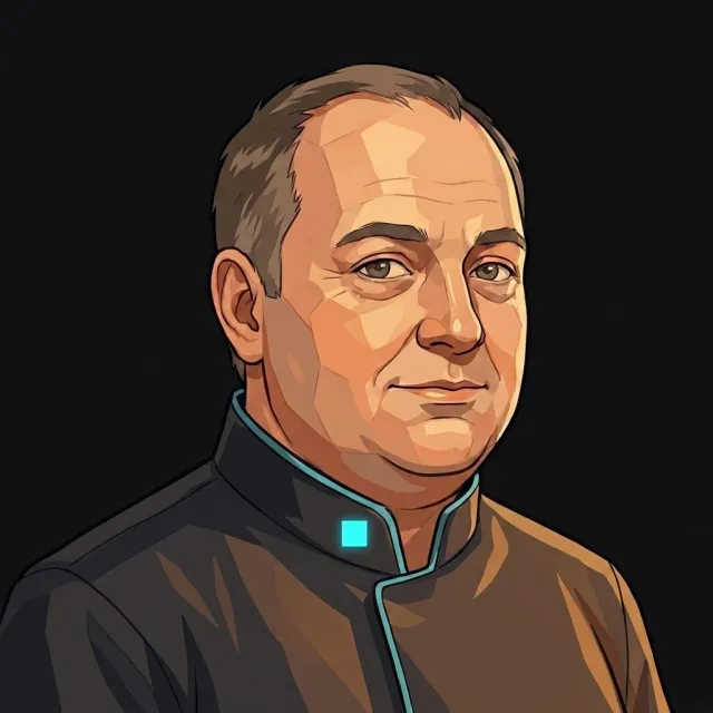 The same person in Havenware uniform, the seal at the collar: stylized synthetic portrait.
