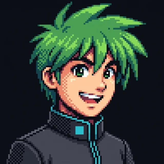 The same character in Havenware uniform, the seal at the collar: pixel-art portrait.