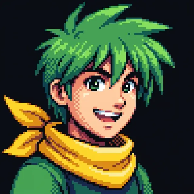 A green-haired character as an agent, in a yellow scarf: pixel-art portrait.