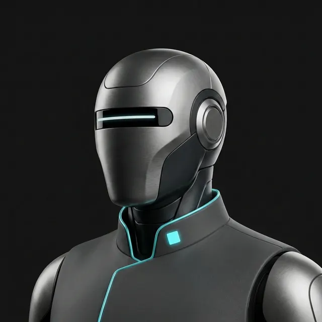 The same robot in Havenware uniform, a high collar with cyan piping and the seal at the collar: premium industrial render.