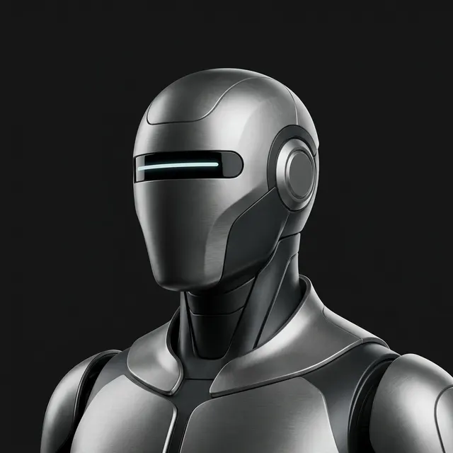 A professional humanoid robot bust in brushed metal: premium industrial render.