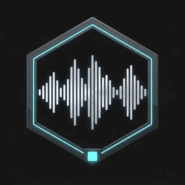The same waveform emblem in a fitted dark bezel, cyan piping along its inner edge and the seal at its bottom: minimal geometric agent mark.